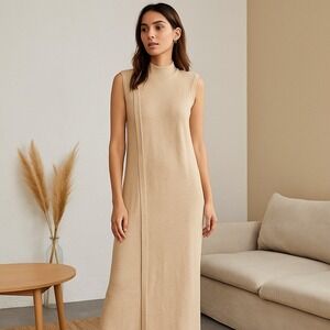 SHEIN Women Beige Mock Neck Sleeveless Maxi‎ Dress Slit Knit Size M